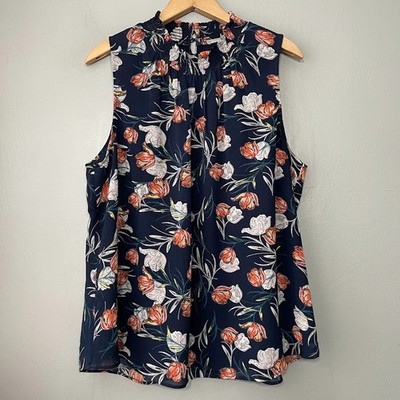 Daniel Rainn Chiffon Top Size XL Dark Navy Tulip Floral Sleeveless Chic Flowy