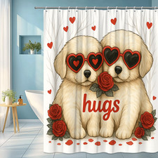 Cute Puppy Hugs Shower Curtain with Roses and Hearts