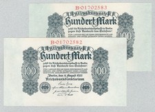 Germany 100 Marks 1922, Runnig pair P75 UNC. Catalog Price $50.