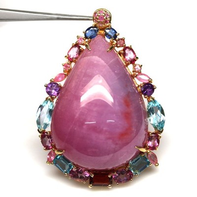 925 Sterlingsilber Brosche Anhänger 33 x 16 mm Pink Ruby Topas Amethyst Saphir
