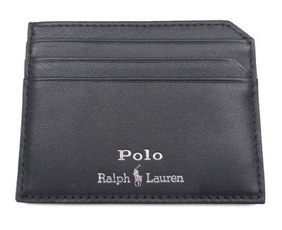 Polo Ralph Lauren Black Smooth Leather Card Case Wallet Embossed Logo w/ Box NWT