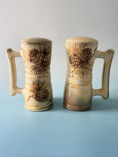 Frankoma Prairie Brown Salt & Pepper Shakers Revans Pinecone Folk Art 4.75”