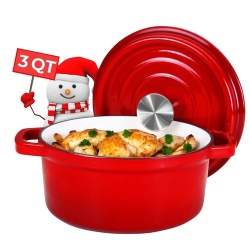 3 Qt Small Enameled Cast Iron Dutch Oven Pot with Lid, Mini Dutch Oven for So...