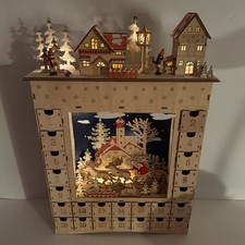 Wooden Lighted Christmas Advent Calendar 24 Drawer Holiday Village Decor Xmas