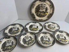 8pc Spring Valley Transferware Platter 4Serving Bowl & 3 Plates Farm River Scene