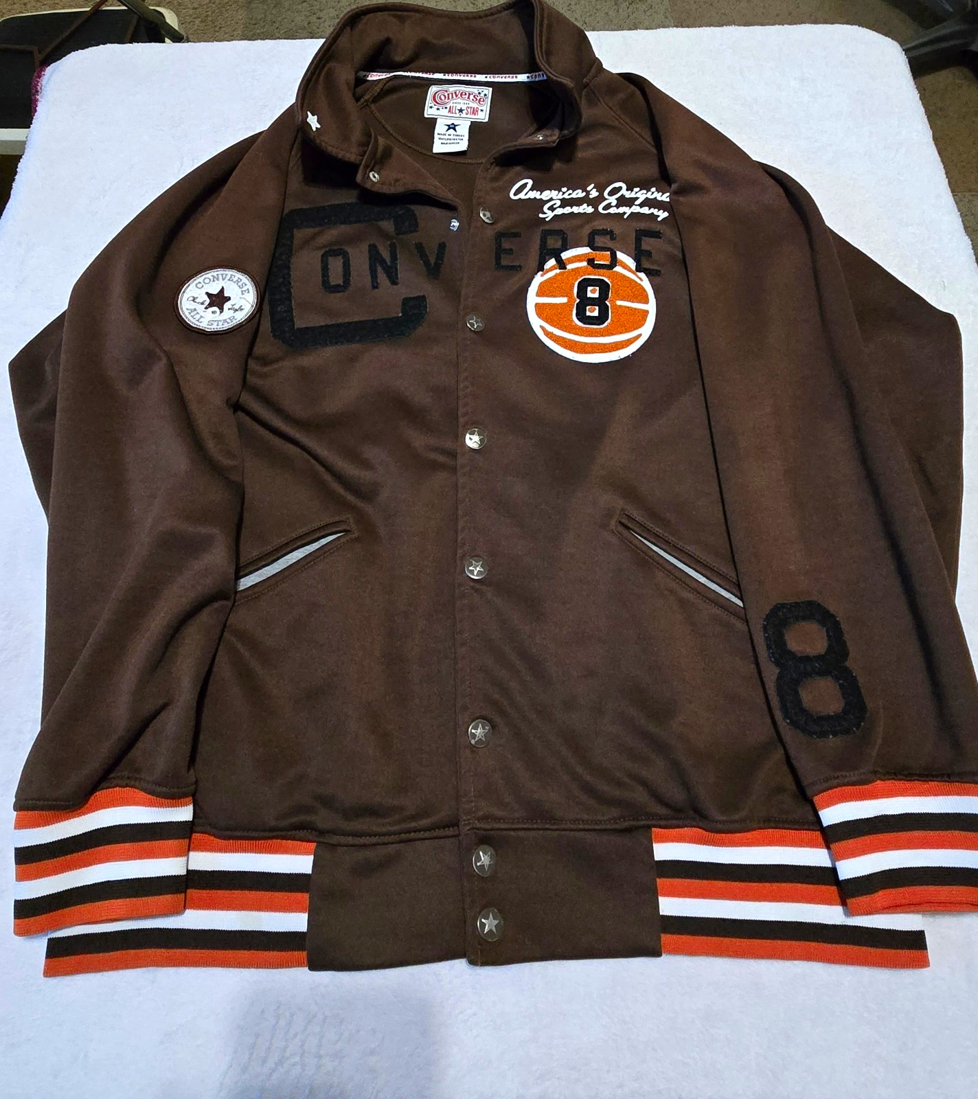 Converse, Vintage Converse All Star Mens XL Brown Varsity Jacket Snap Front Stand-UpCollar