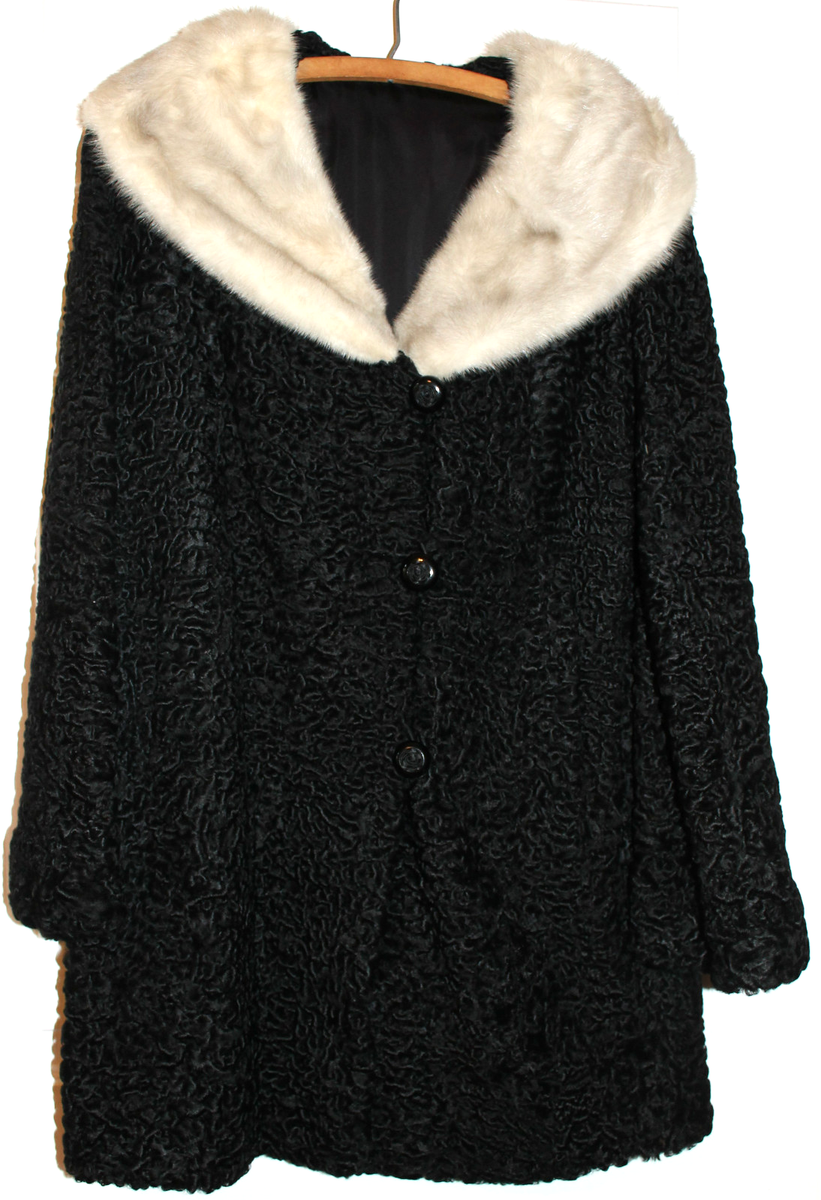 VTG 1950s WOMENS CURLY PERSIAN LAMB WOOL BLACK COAT JACKET w FUR