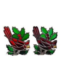 Country Store Set of Two Red Cardinal Holly Stained Glass Votive Candleholders