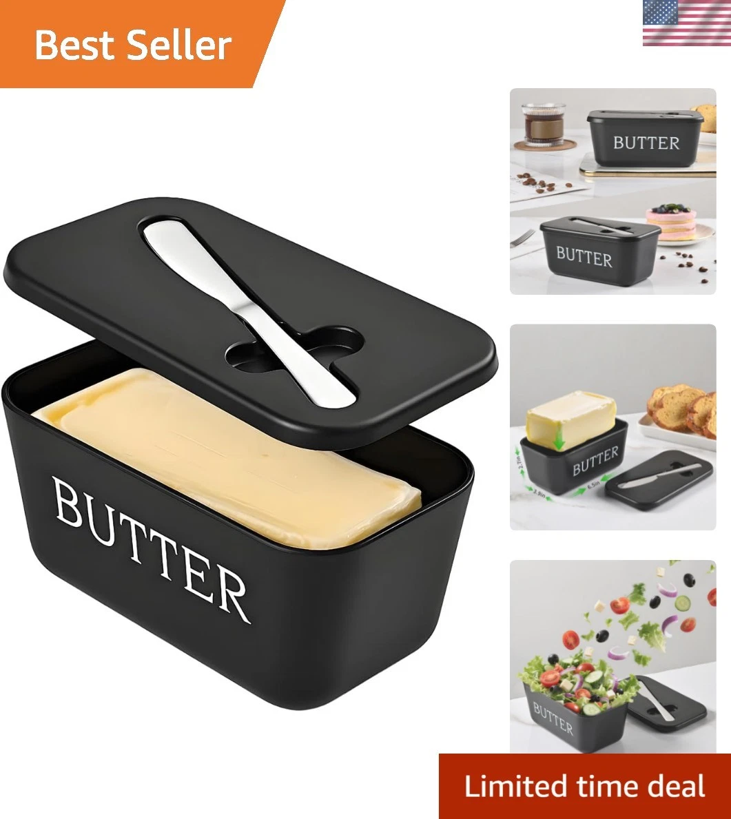 Large Plastic Butter Dish With Lid And Knife,Food Grade PP Butter Holder Keep...