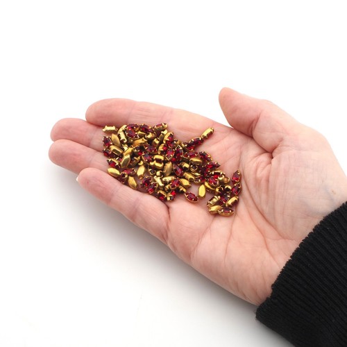 Siam Red lot 24 prong setting beads raw brass Navettes 8x4mm faceted rhinestones