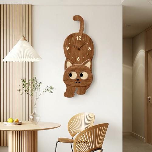 10 Inch Wooden Cute Cat Wall Clock Moving Eyes Analog Clock for Room Decor - Picture 3 of 9