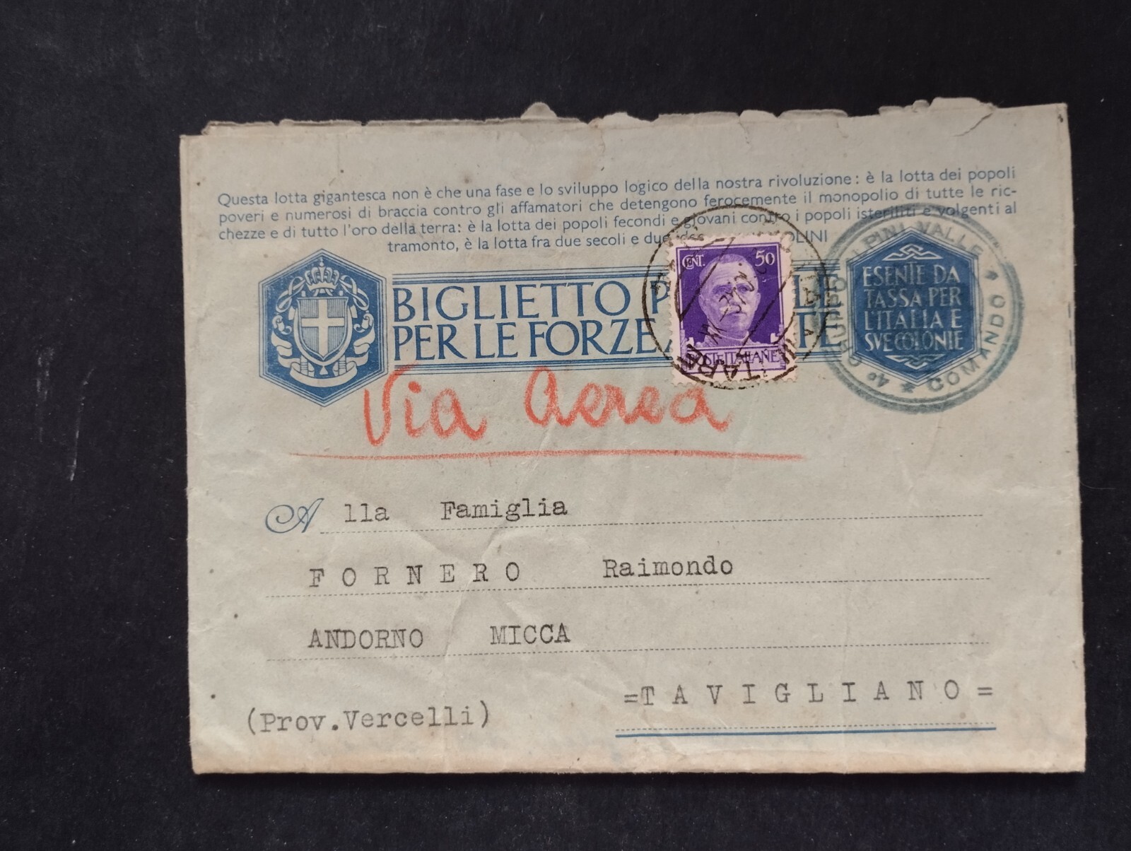 Timbro Posta Militare N. 103 4° Gruppo Alpini Valle Montenegro 1942 WZ874