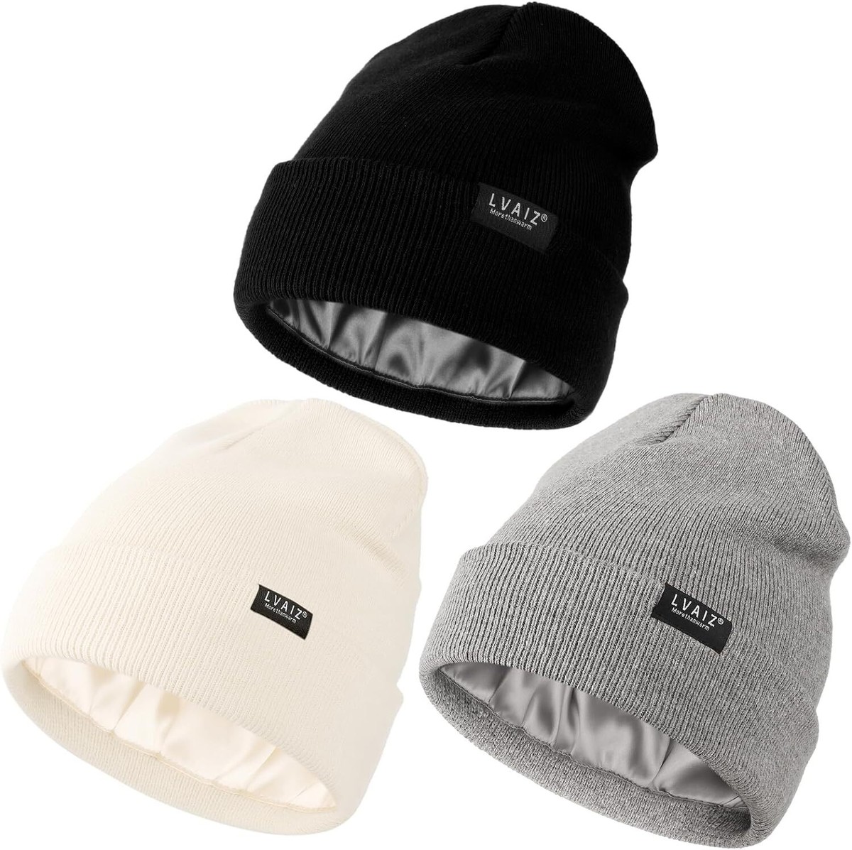 3 Pack Satin Lined Beanie Hats for Women Men One Size, Black  display picture 1