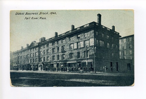 Fall River MA Mass Granite Block street view, trolley tracks, stores, people