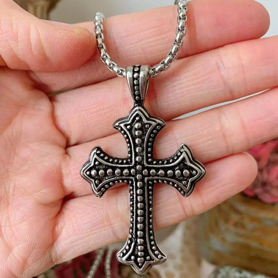 Mens Biker Catholic Cross Pendant Necklace For Men Ashes Stainless Steel