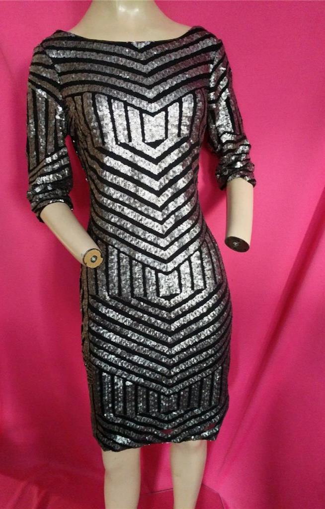 SILVER & BLACK ABSTRACT SEQUIN STRETCHY NET LINED DRESS 38" BUST | eBay
