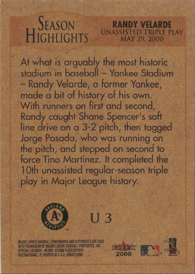 2000 Fleer Tradition Update Randy Velarde Oakland Athletics #U3 - Image 2 of 2
