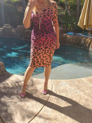 orange and pink leopard print dress Pink And Orange Leopard Print Midi Dress With Gingham Trim XL