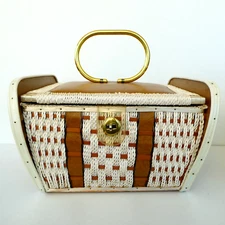 Singer Wicker Sewing Box Wood Plastic Tray Brown White Vintage Japan MCM