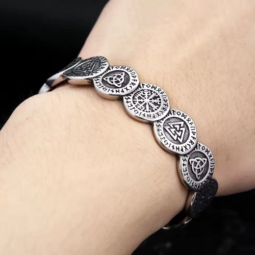 Viking Cuff Bracelet 316L Stainless Steel Triquetra Vegvisir Valknut Rune Bangle - Picture 6 of 8
