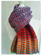 Hand knit patterned scarf, striped and multic...