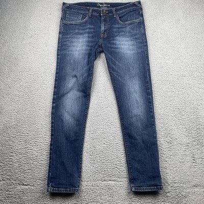 PePe Mens Jeans 34x32 Blue Slim Low Waist Dark Wash Light Distressing Denim Prep