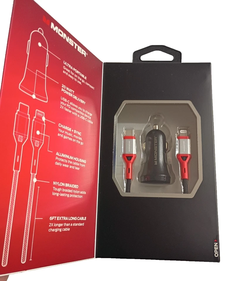 Cargador Monster 20W USB-C con cable USB tipo C de 6 pies para toma automática de 12 V ¡ENVÍO GRATUITO! Foto 3 de 4