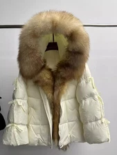New Real Fox Fur Collar White Goose Down Thicken Warm Jacket Womens Hooded Coat