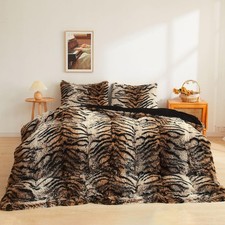 Tiger Print Fluffy Faux Fur Duvet Cover Set, 3 Pieces Soft Plush Shaggy Fuzzy...