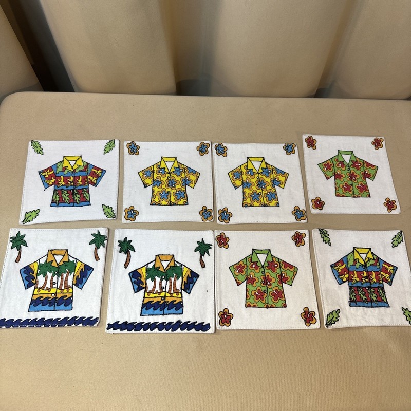 Vintage Tiki Hawaiian Shirt Embroidered Coasters Canvas Bar Tropical Decor Set 8