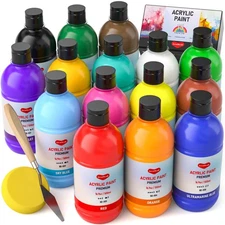 15 Colors Large Acrylic Paint Set 16.9 oz,500 ml, Bulk Non-Toxic Art Painting