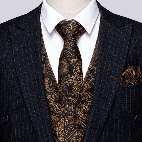 Mens Formal Casual Waistcoat Paisley Floral Suit Vest Slim Tuxedo Silk Tie Set - Picture 107 of 169