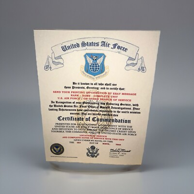 #ad U.S.A.F. AIR FORCE SPECIAL INVESTIGATIONS CERTIFICATE OF COMMENDATION $15.16