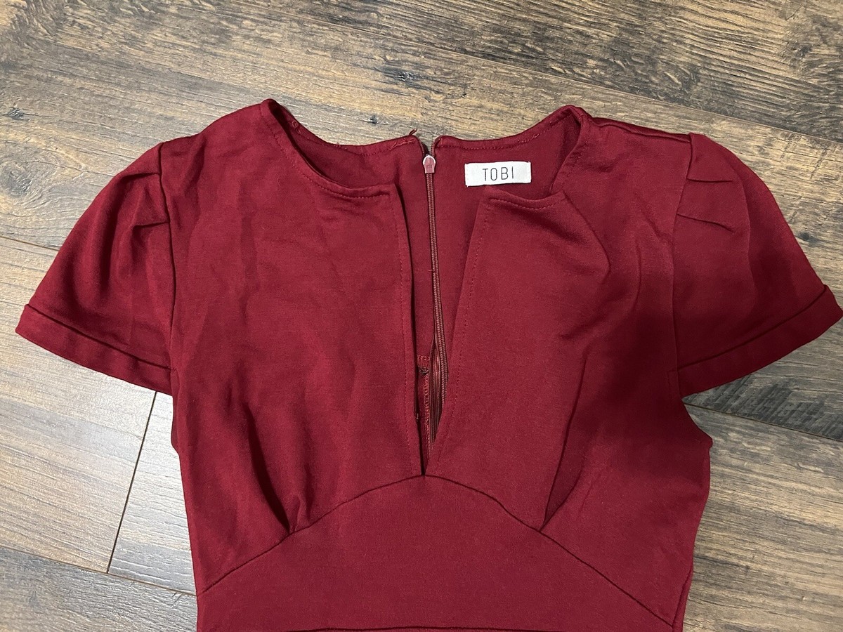 Tobi Mini Skater Dress Red Deep V Fit Flare Short Sleeves Lined Women’s  Small