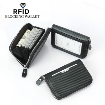 New RFID Blocking Carbon Fiber Pattern Men Wallet Zipper Multi Card Male Purse