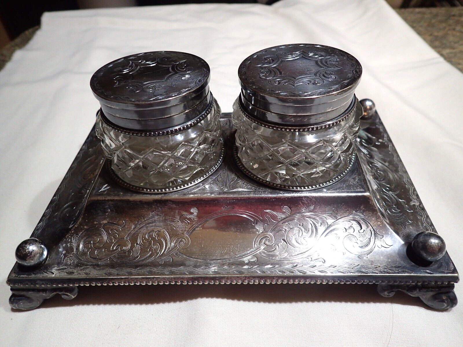 Vintage Silver Plate Crystal Vanity Jars and Footed Tray Pad