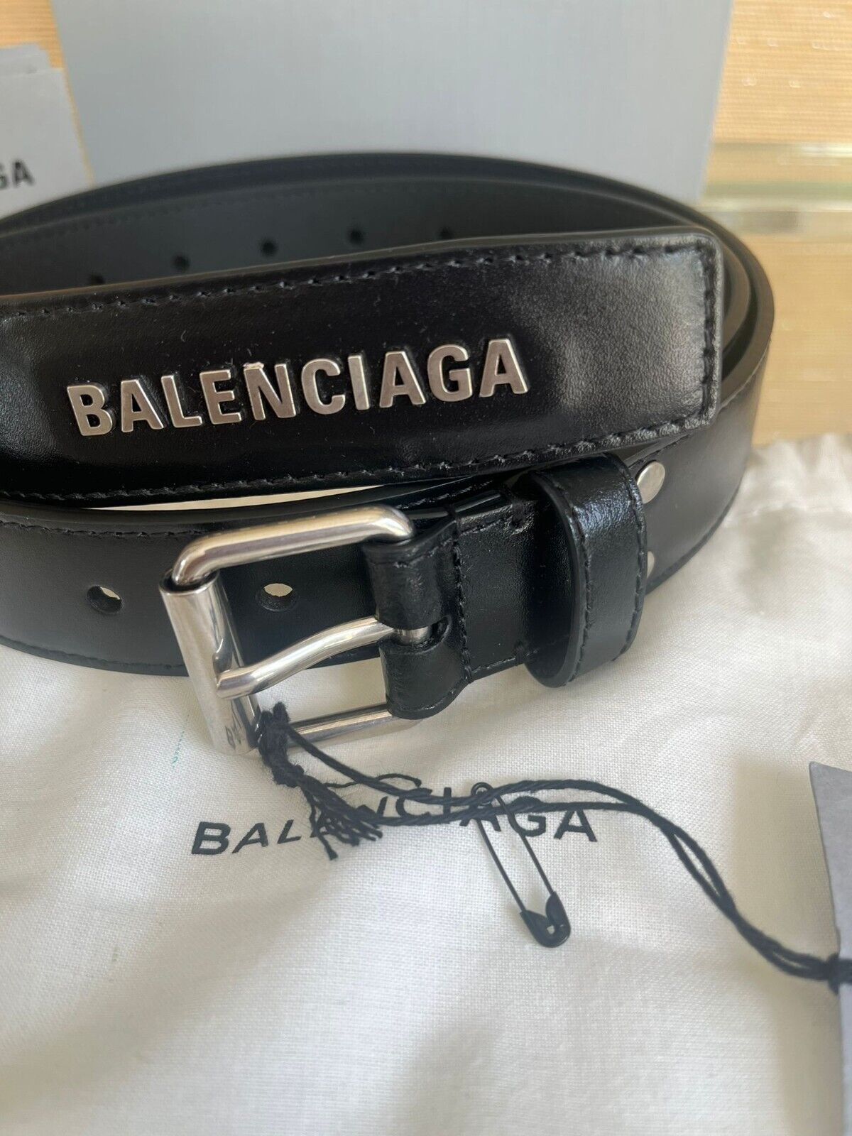 Balenciaga , Studded Logo Leather Belt in Black BNWB 90cm