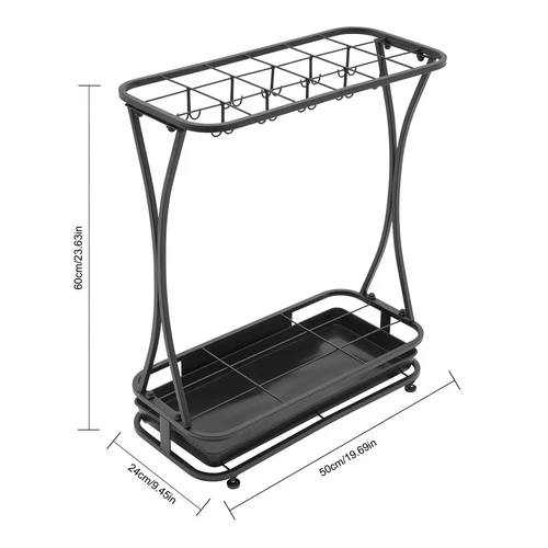 Metal Umbrella Holder Stand Rack Organizer + Drip Tray (18 Slots 20 Hooks) Black - Foto 4 di 6