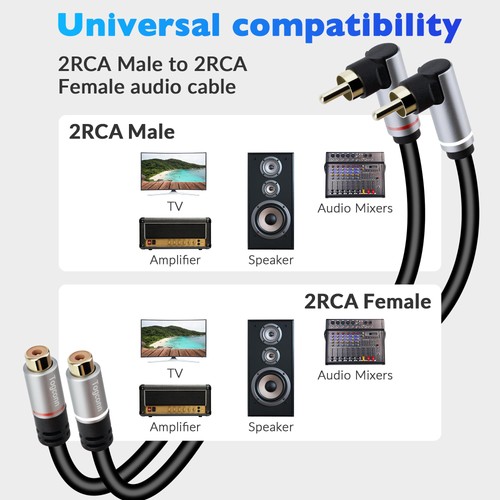 RCA Extension Cable, 2RCA Male to 2 RCA Female Stereo Audio Cable Adapter 24K - Picture 3 of 7