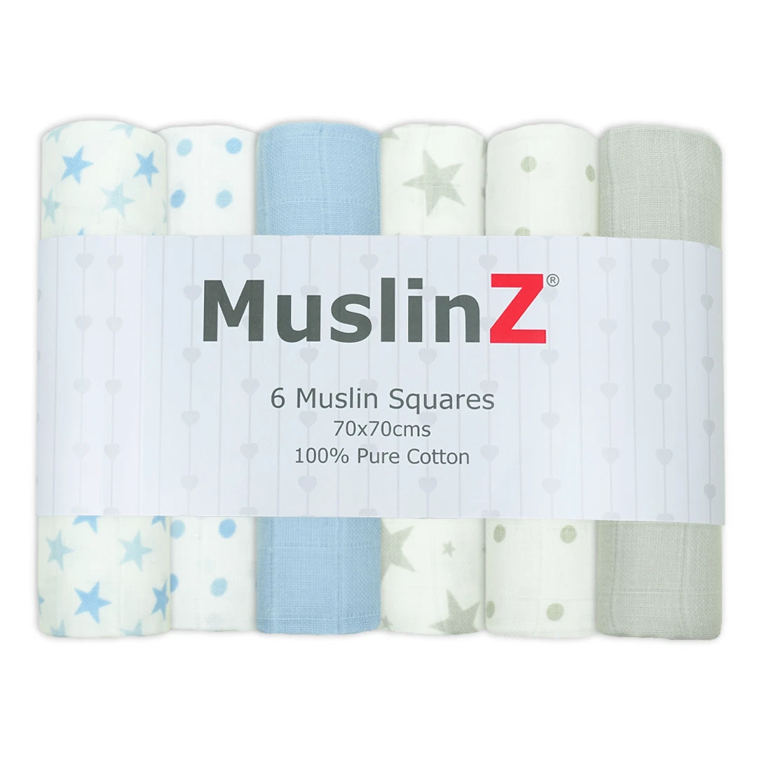 MuslinZ 6PK Baby Muslin Squares 70cms 100% Pure Soft Cotton Bright Blue And Grey