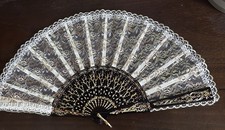Black Lace Hand Fan Gold Floral Spanish Style Folding Fan Vintage