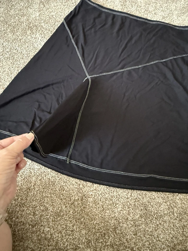 Studio M XL Black Jersey Elastic Waist Skirt, White Stitching, Asymmetric Godet - Image 2 of 4