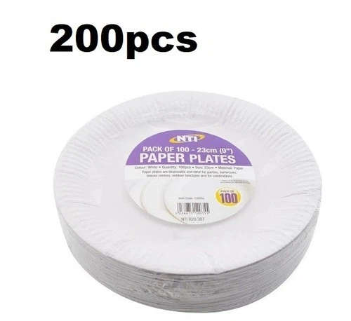 200 White Disposable Paper Plates 23cm 9" Party BBQ Picnic Catering Pack of 200
