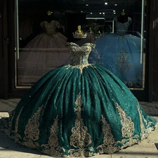 Green Quinceanera Dresses Gold Lace Applique Sequin Layered Sweet 16 Ball Gowns