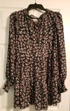 Max Studio Black V Neck Balloon Sleeve Floral Bohemian Casual Mini Dress