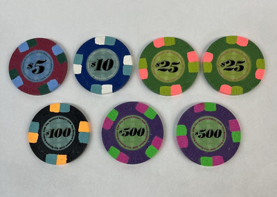 7 Authentic Paulson Poker Chips - $5, $10, $25 , $100, $500