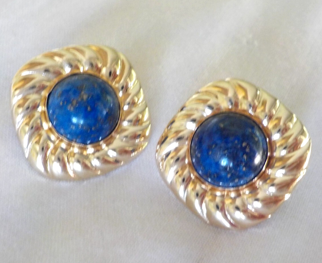 Solid 14K Yellow Gold Ribbed Frame Lapis Lazuli E… - image 7