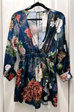 NWT ZARA FLORAL SHORT ROMPER JUMPSUIT BLUE SATIN Size M