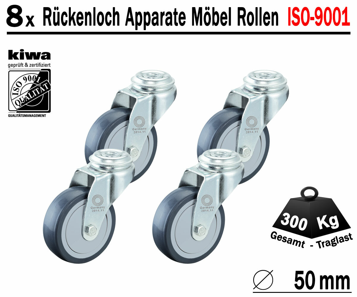 Rückenloch Möbelrollen Apparate Lenk Rollen 8 x Ø 50 mm Le-Le BS-Rollen Germany