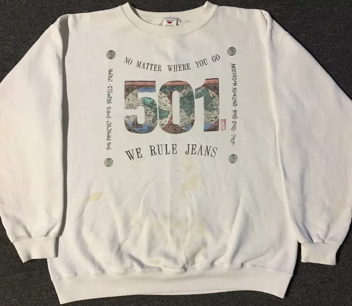 Vtg 90s Levis 501 We Rule Jeans Faded Distress Sweatshirt M USA Grunge Biker 80s